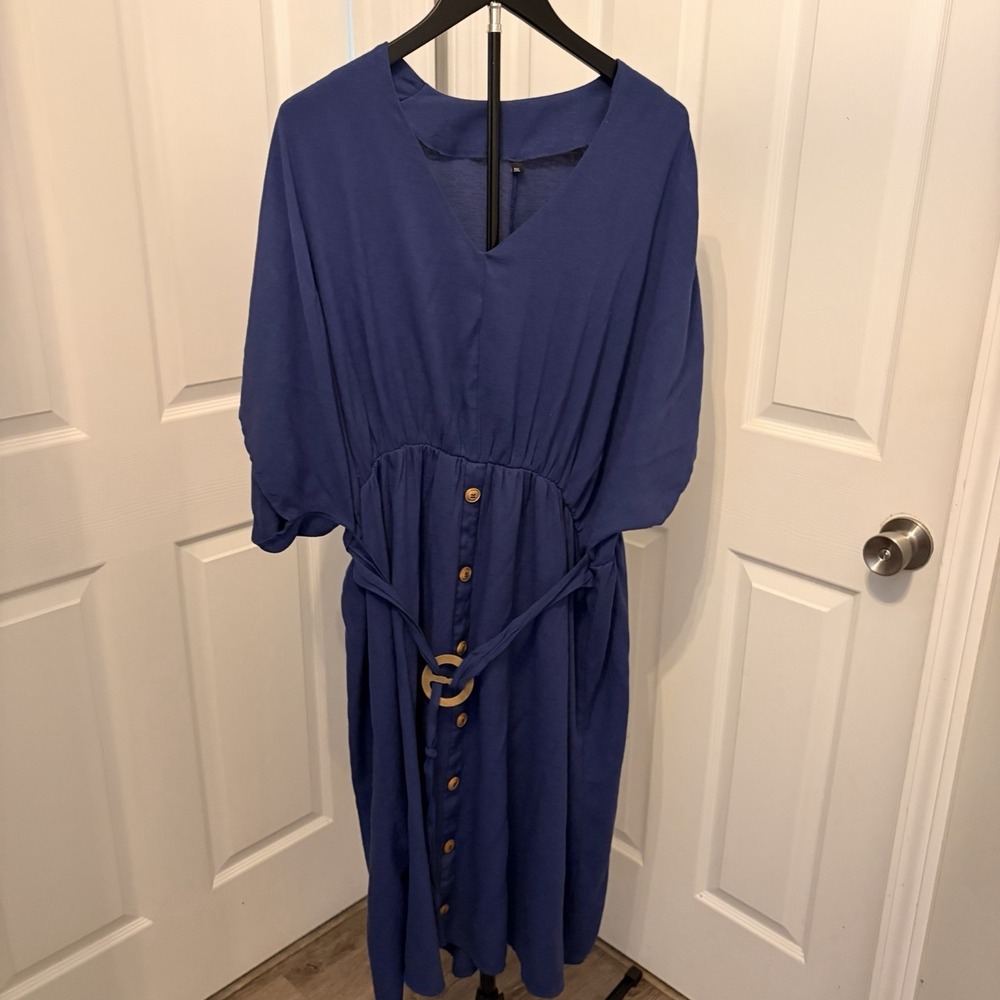 Royal Blue Batwing Kaftan Dress Belted Boho Midi Wood Button 3XL Coastal Casual
